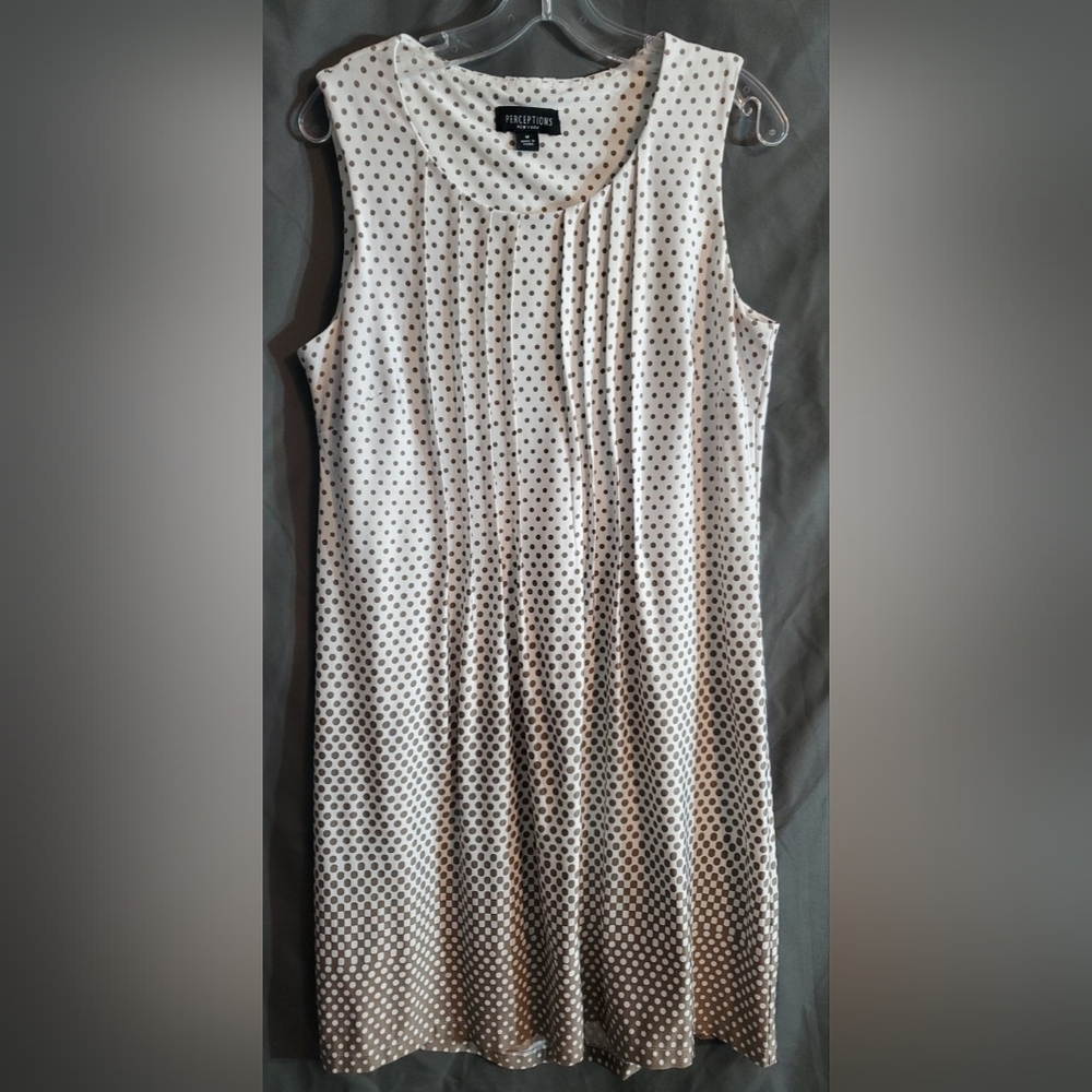 Perceptions Cream and Brown Polka Dot Pintuck Med Knee Length Dress